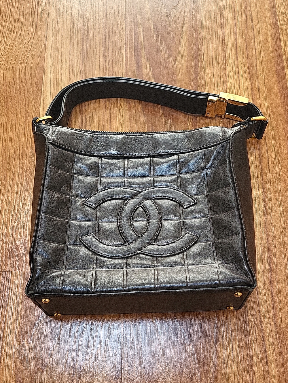 Authentic CHANEL Black Quilted Leather Shoulder Hobo with Gold-Tone Hardware